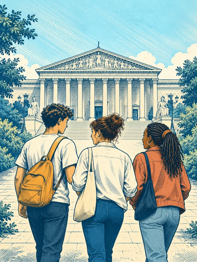 Illustration de trois jeunes adultes se dirigeant vers l’Assemblée nationale